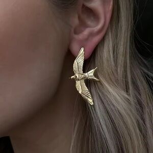 Vintage Swallow Wings 18K Gold Stainless Steel Earrings - Unique Statement Studs